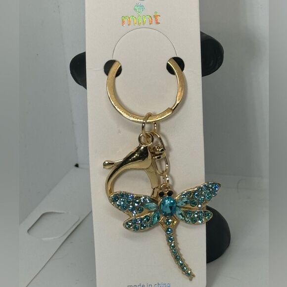 BAG CHARM Blue Crystal Dragonfly Keychain Charm - Gold Accent - Picture 2 of 9